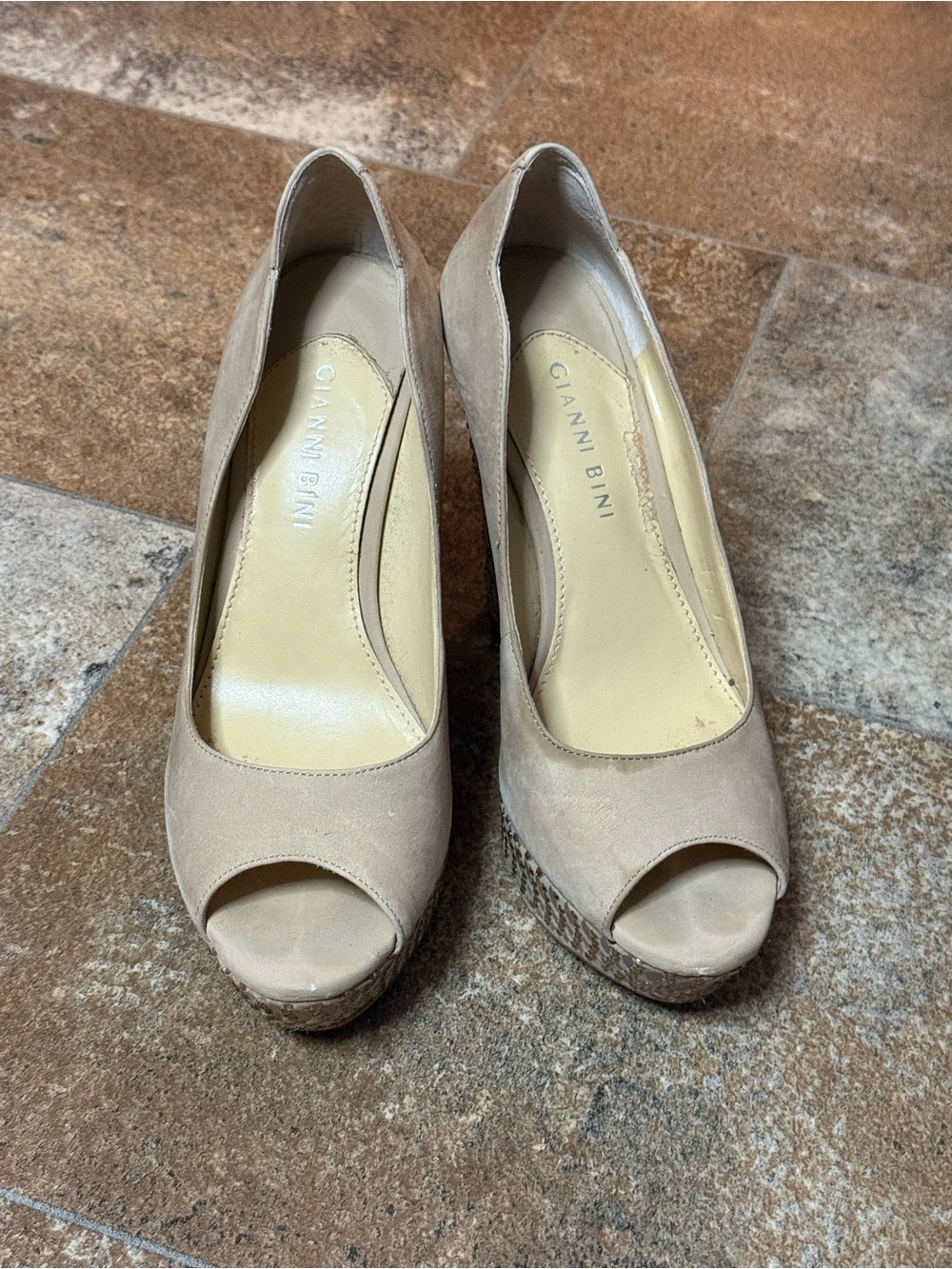 Gianni Bini Taupe Peep-Toe Platform Wedges